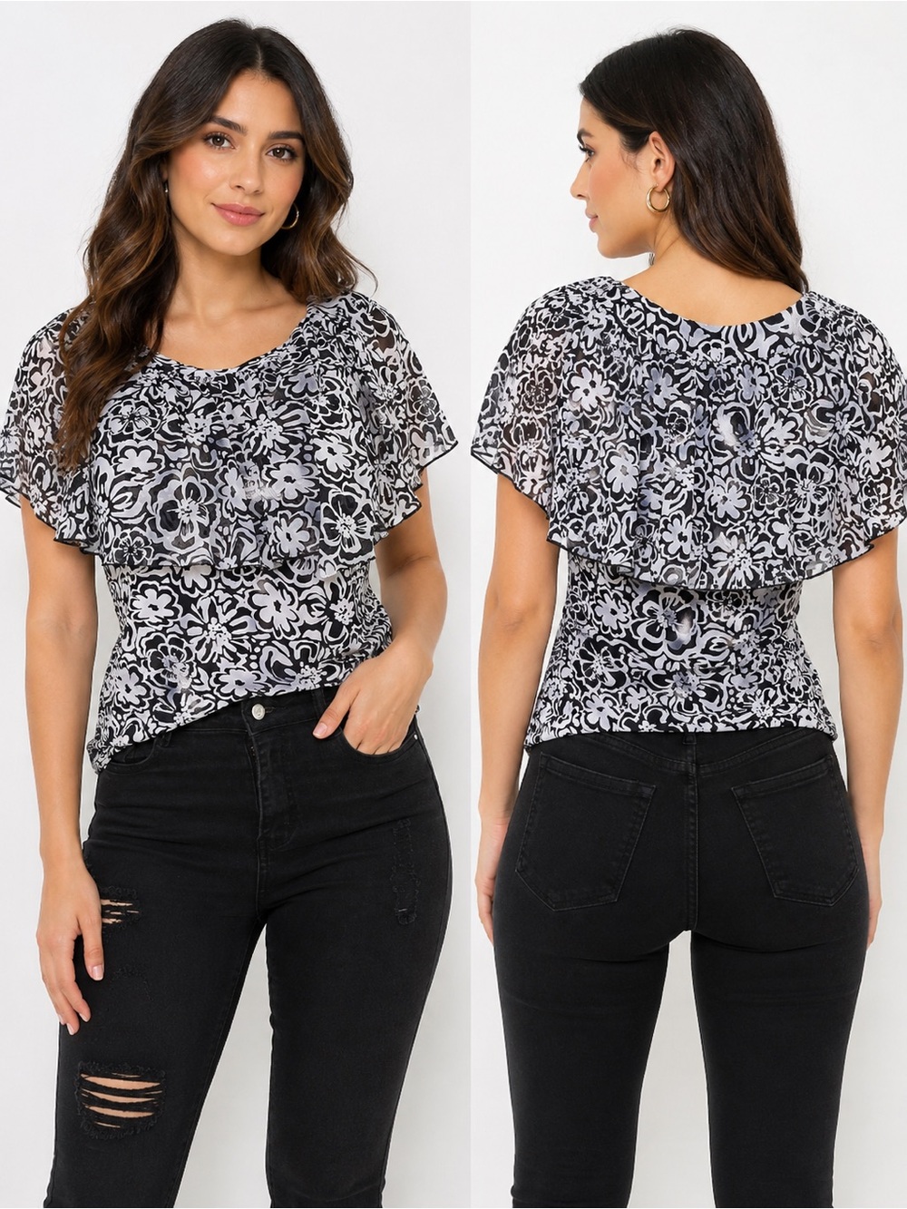 Black & White Floral Ruffle Blouse - Women